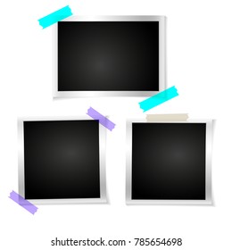 Set frame retro photo on white isolated background. Vintage Horizontal blank old photography. Square picture frame with adhesive tape. Vector illustration