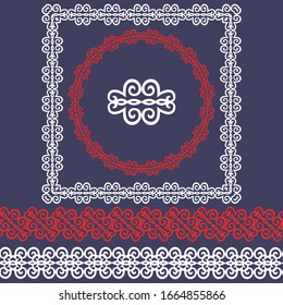 Set of frame, seamless border and vector ornamental elements with motifs of Kazakh, Kyrgyz, Uzbek, national Asian decor for borders, textile, plate, tile, and print design. Workpiece for your design.