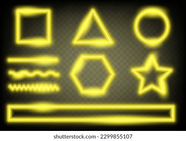 Set of frame shape transparent glass effect. Abstract yellow light neon border shape. Object element glowing vector background.