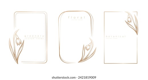 Conjunto de plantillas de flor de nevado de marco con un estilo mínimo lineal dibujado a mano. Marcos elegantes. Ilustración botánica vectorial para etiquetas, identidad corporativa, invitación de boda, logotipo, guardar la fecha