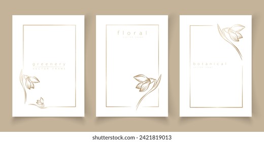 Conjunto de plantillas de flor de nevado de marco con un estilo mínimo lineal dibujado a mano. Marcos elegantes. Ilustración botánica vectorial para etiquetas, identidad corporativa, invitación de boda, logotipo, guardar la fecha