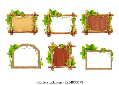 Set frame from sticks, wooden planks, stone bricks with grass and liana, jungle leaves in comic cartoon style isolated on white background. Border, jungle panel textured and detailed. Game asset, menu