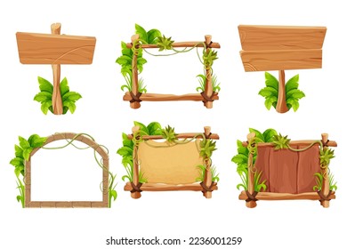 Set frame from sticks, wooden planks, stone bricks with grass and liana, jungle leaves in comic cartoon style isolated on white background. Border, jungle panel textured and detailed. Game asset, menu