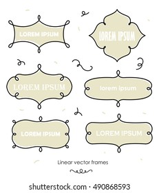 Set of frame templates, designs for banner, card, invitation, label, emblem etc. Cute linear doodle vector illustration.