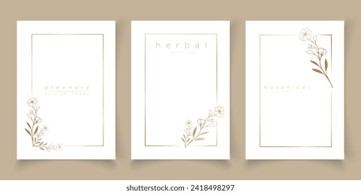 Set of frame templates in minimal linear style with hand drawn branches and leaves. Elegant frame. Botanical vector illustration for labels, corporate identity, wedding invitation, logo, save the date