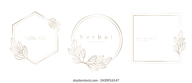 Set of frame templates in minimal linear style with hand drawn branches and leaves. Elegant frame. Botanical vector illustration for labels, corporate identity, wedding invitation, logo, save the date
