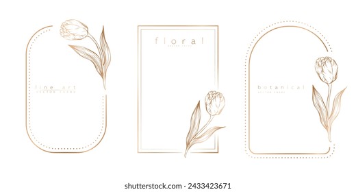 Set of frame templates in minimal linear style with hand drawn tulips. Elegant tulip border. Floral vector illustration for labels, corporate identity, wedding invitation, logo, save the date.