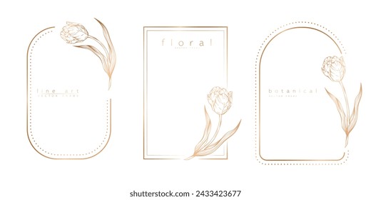Set of frame templates in minimal linear style with hand drawn tulips. Elegant tulip border. Floral vector illustration for labels, corporate identity, wedding invitation, logo, save the date.
