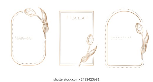 Set of frame templates in minimal linear style with hand drawn tulips. Elegant tulip border. Floral vector illustration for labels, corporate identity, wedding invitation, logo, save the date.