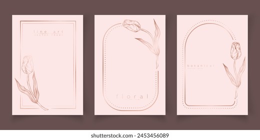 Set of frame templates in minimal linear style with hand drawn tulips. Elegant floral tulip line art border for for labels, corporate identity, wedding invitation, logo, save the date, beauty industry