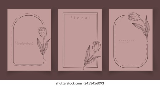 Set of frame templates in minimal linear style with hand drawn tulips. Elegant floral tulip line art border for for labels, corporate identity, wedding invitation, logo, save the date, beauty industry