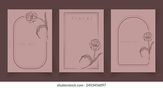 Set of frame templates in minimal linear style with hand drawn tulips. Elegant floral tulip line art border for for labels, corporate identity, wedding invitation, logo, save the date, beauty industry