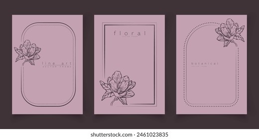 Set of frame templates in minimal linear style with hand drawn magnolia flower. Elegant floral line art border for for labels, wedding invitation, logo save the date, beauty or cosmetic industry.