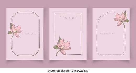 Set of frame templates in minimal linear style with hand drawn magnolia flower. Elegant floral line art border for for labels, wedding invitation, logo save the date, beauty or cosmetic industry.