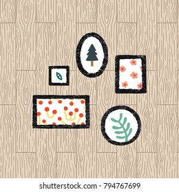 Set of frame texture vector illustration. Black Picture Photo Poster Frame on wood background.