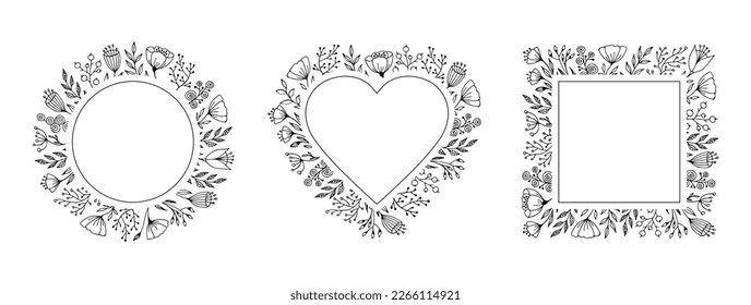 Set of frame various shapes with doodle of flowers and herbs. Hand drawn monochrome vector illustration for greeting card and invitation.