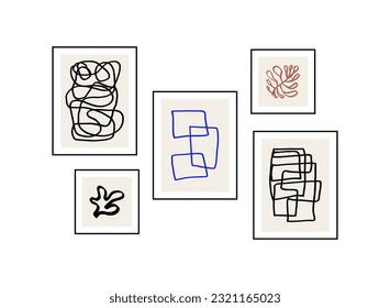 Conjunto de afiches abstractos enmarcados. El estilo moderno contemporáneo. Pared con decoración interior. Ilustración plana del vector