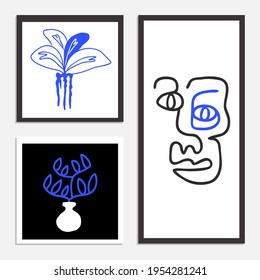 Um conjunto de arte em forma de linha desenhada à mão inspirada em Matisse. O design contemporâneo minimalista da face humana combinado com objetos florais projetam uma sensação de bem-estar, paz interior e atenção plena.