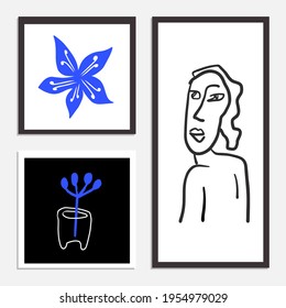A set of framed hand drawn line art inspired by Matisse. The minimalist contemporary design of the human face combined with floral objects project a sense of wellbeing, inner peace, and mindfulness.