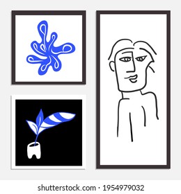 A set of framed hand drawn line art inspired by Matisse. The minimalist contemporary design of the human face combined with floral objects project a sense of wellbeing, inner peace, and mindfulness.