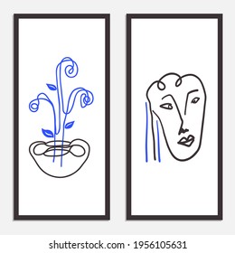 A set of framed hand drawn line art inspired by Matisse. The minimalist contemporary design of the human face combined with floral objects project a sense of wellbeing, inner peace, and mindfulness.