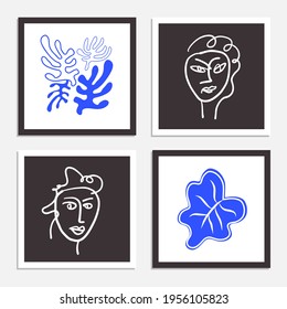 A set of framed hand drawn line art inspired by Matisse. The minimalist contemporary design of the human face combined with floral objects project a sense of wellbeing, inner peace, and mindfulness.