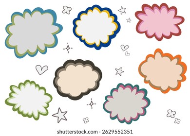 Conjunto de ilustraciones enmarcadas con bordes de colores. Material para líneas, mensajes y expresiones emocionales.
