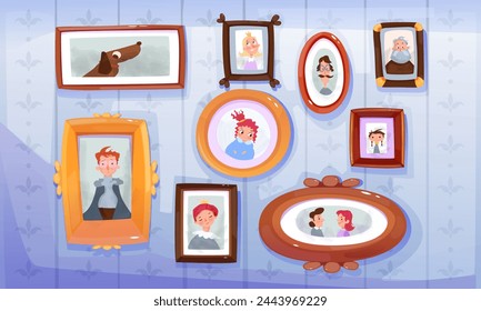 Set of framed pictures on wall. Collection of family photographs and historic portraits with memorable moments. Nostalgic old memories on gallery exhibition. Cartoon flat vector illustration