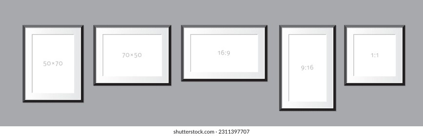 Conjunto de marcos en proporciones 50 x 70, 16:9 y 1:1. Marcos negros, passepartout blanco. Vector modificable.