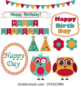 set of frames and accessories. birthday owl. vector