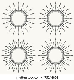Set of frames with arrow sunbursts. Vintage vector illustration.