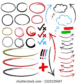 Set of Frames, Arrows, Punctuation Marks & Symbols Drawn with Pen or Pencil & Isolated on White Background. Vector Illustration