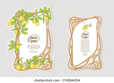 Set of frames in art nouveau style with lemon fruits and flowers branches. Good for product label. Colored vector illustration..