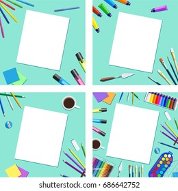 Set of frames of artists supplies. Drawing  tools. Stationery and  workplace in flat style. School equipment. Top view. Background with Items for creator, artist, designer  