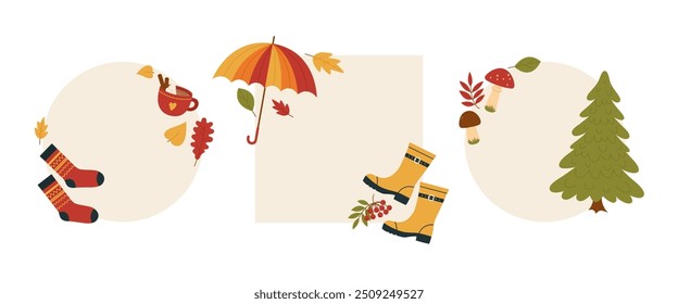 Rahmensatz mit Herbstelementen. Runde und quadratische Rahmen mit Regenschirm, Gummistiefeln, Socken, Baum, Eberesche, Kaffee, Pilzen und Blättern. Textfelder der Herbstsaison