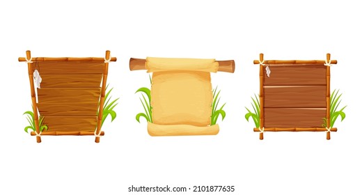 Set Frames from bamboo sticks, wooden planks, parchment paper decorated with rope, grass and liana in comic cartoon style isolated on white background. Border, jungle panel. Game asset, menu