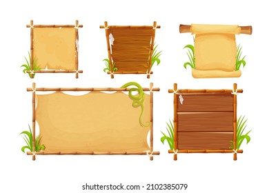 Set Frames from bamboo sticks, wooden planks, parchment paper decorated with rope, grass and liana in comic cartoon style isolated on white background. Border, jungle panel. Game asset, menu
