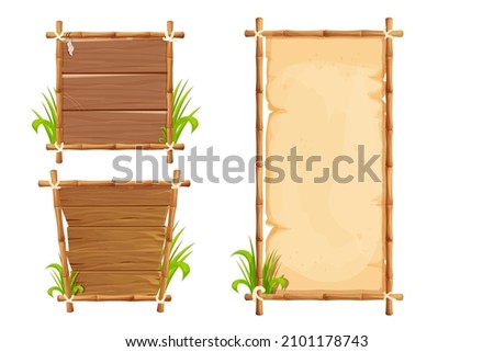 Set Frames from bamboo sticks, wooden planks, parchment paper decorated with rope, grass and liana in comic cartoon style isolated on white background. Border, jungle panel. Game asset, menu