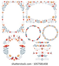 Set of frames and banners of flowers and leaves. Folk art. 