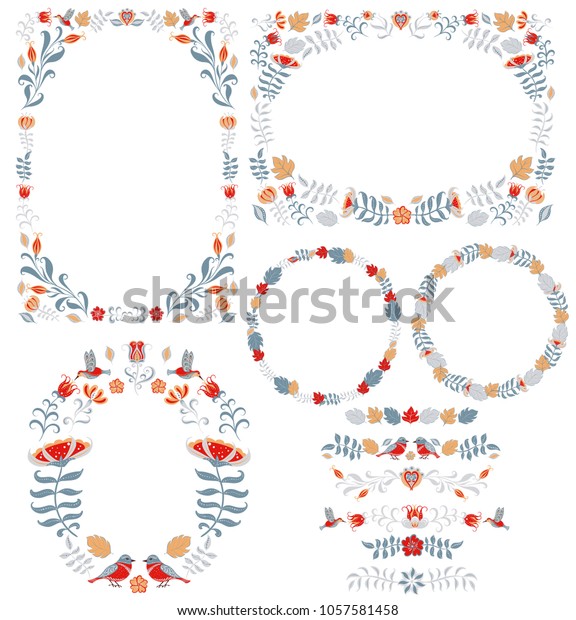 Set of frames and banners of flowers and leaves. Folk\
art. 