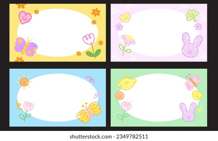 Set of frames, banners, name tags, memo, sticky notes, wallpapers, backgrounds, ad templates, notepads with cute drawing styles of bunny rabbit, butterfly, flowers, lemon, nature, summer garden