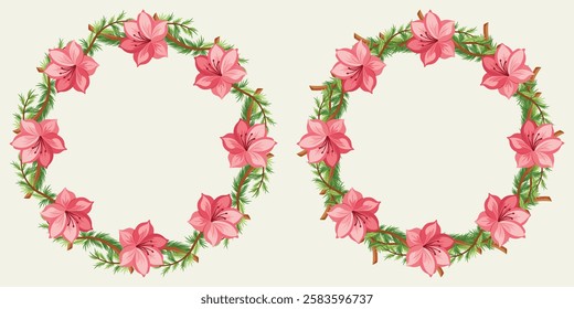 Set Of Frames. Beautiful Azalea Flowers Petals With Green Spruce Branch, Isolated On White Background. Azalea Petals Vector Design