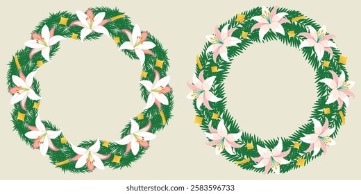 Set Of Frames. Beautiful Lily Petals With Green Spruce Branch And Golden Confetti, Isolated On Background. Lily Flowers Petals Vector Design