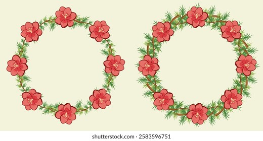 Set Of Frames Beautiful Red Azalea Flower With Spruce Branch, Isolated On A White Background. Azalea Flower Vector Illustration Design
