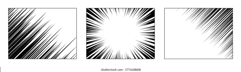 Set von Rahmen für schwarze Manga Buch. Action, Geschwindigkeit radial, horizontal, Spirallinien. Cartoon Comic-Buchhintergründe. Burst, Action-Manga-Muster. Radiale Streifen, Linien. Vektorgrafik