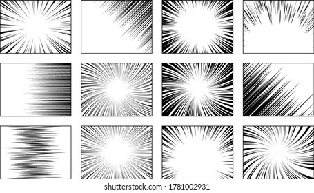 Set of frames for black manga book. Action, speed radial, horizontal, spiral lines. Cartoon comic book backgrounds. Burst, action manga patterns. Radial stripes, lines. Vector illustration