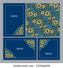 set of frames blue and yellow decorative flowers 
on a blue background and seamless pattern 