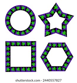 Set of frames with border pattern of hemp leaf shapes. Round, square, hexagonal and five-pointed star frames. Optical illusion as if they are moving.