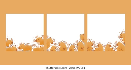 Set of frames, borders, cards with hand draw capybara with flowers and copy space. Vector illustration in flat style. Cartoon cute animal for print. Kids, children illustration on white background.