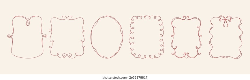 Set of frames and borders with curly, ornaments, bows and ribbons. Editable stroke. Scribbles. Hand drawn whimsical. Coquette elements. Elegant shape. Contour and sketch.